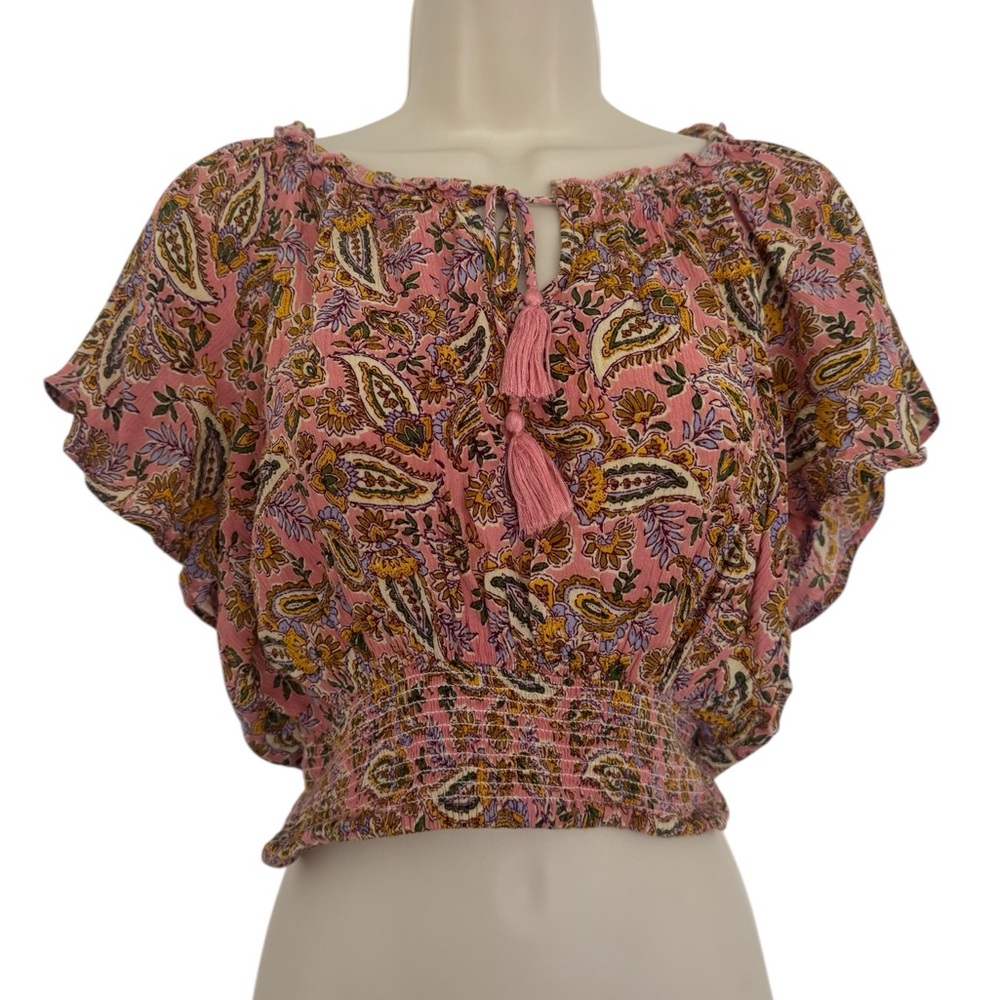 Aqua Pink and Brown Smocked Crop Blouse | Sz M